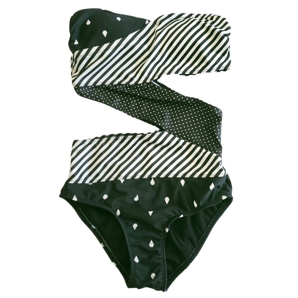 THE OPEN stripe polka dot cutout bandeau monokini one piece swimsuit black white